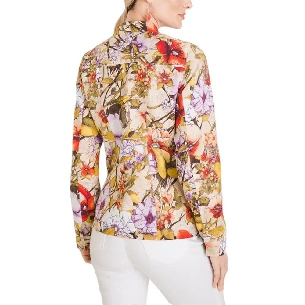 Chico's 100% Linen Jacket Plus Size 20-22‎ Reversible Floral Olive Green Pockets - Picture 12 of 16